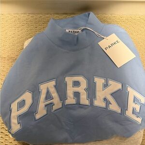 PARKE Light Blue Cowl Neck Sweater with White Lettering (fits like a M)
